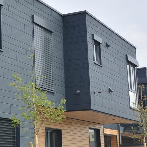 Moderne Wohnhäuser mit dunkler Fassade und großen Fenstern, umgeben von kleinen Bäumen und einem klaren Himmel.